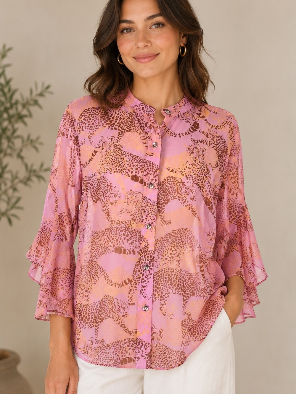 Cabi Minx Blouse Lilac Pink Leopard Cheetah Print Flutter Sleeve Small/Med